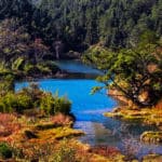 9. 始兴深渡水 - Shixing Deep Crossing Water Ecological Scenic Spot: 位于韶关始兴县，方圆百余里。沿途山青水秀，枫红竹翠，景色迷人，周边温泉、围楼众多，有“广东九寨沟”的美誉，是广东省十佳自驾车游旅游线路之一。 Shixing Deep Crossing Water Ecological Scenic Spot is located in Shixing county of Shaoguan with more than 100 square miles. Along the way, beautiful mountains and waters, maple and bamboo, charming scenery, surrounding hot springs and numerous small buildings, honored as “Guangdong Jiuzhaigou Valley”, it is one of the top ten self-drive tourism routes in Guangdong province.